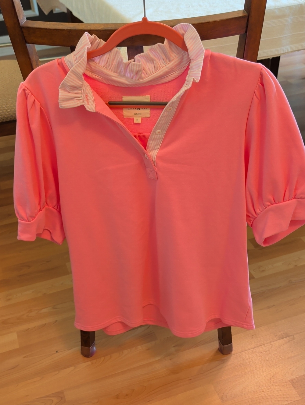 Umgee Pink Ruffle Collar Puff Sleeve Top